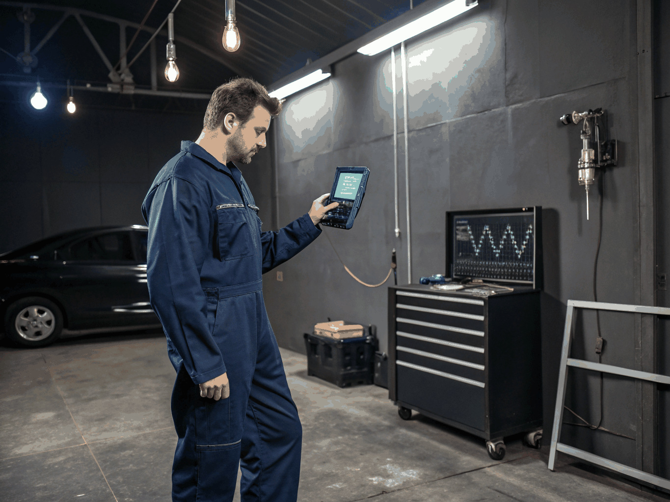 Technician operating digital diagnostic scanner tool on vehicle console