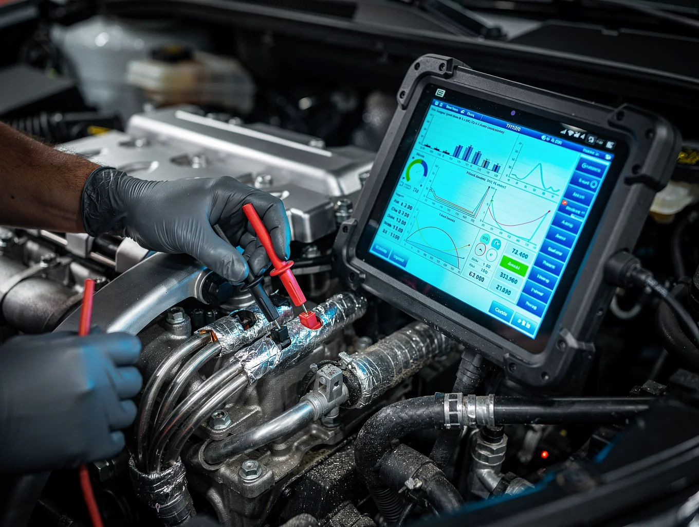 Auto electrician conducting precision multimeter and wiring diagnostics on modern vehicle engine bay
