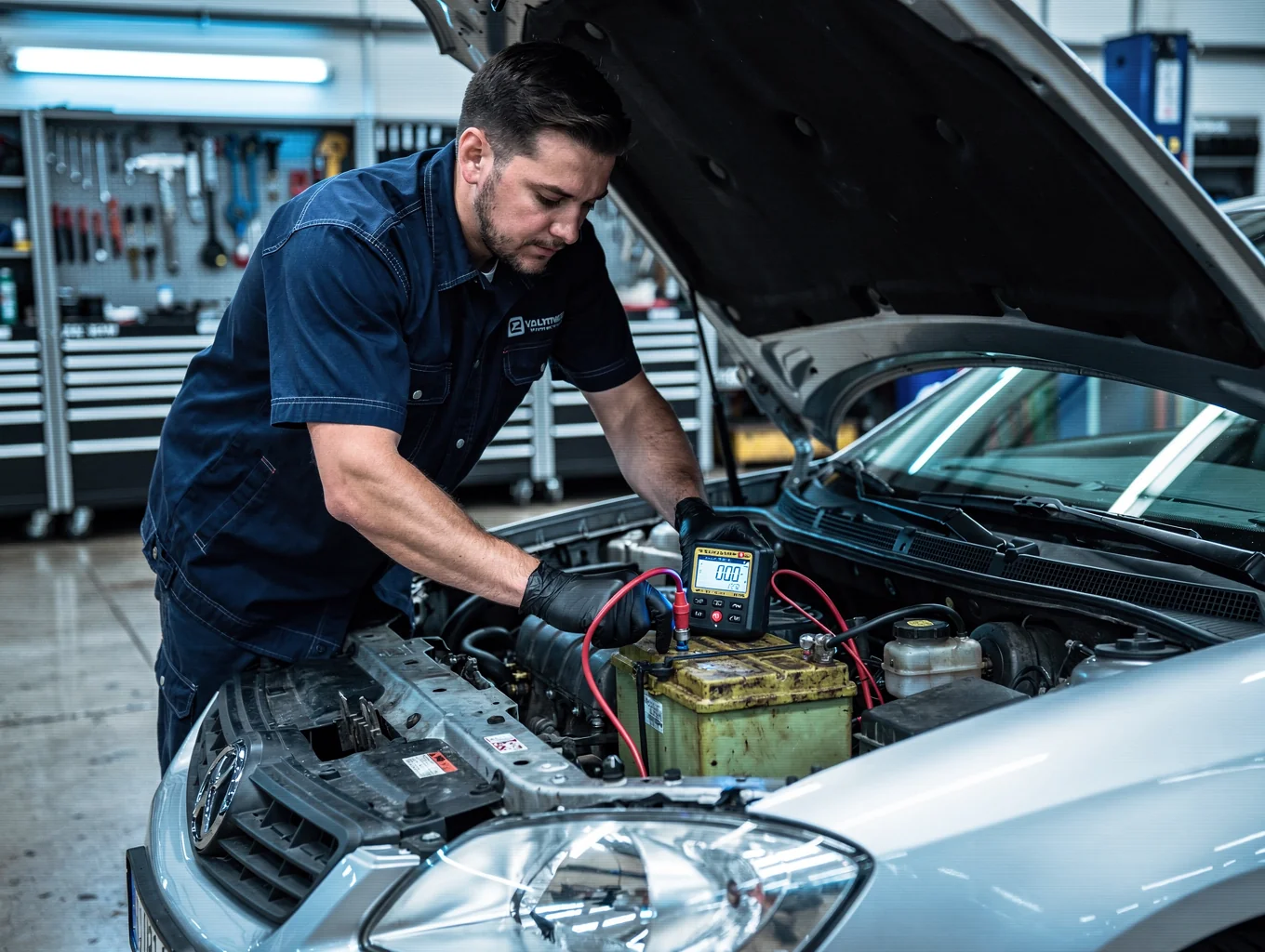 Digital multimeter and battery tester connected to vehicle battery terminals