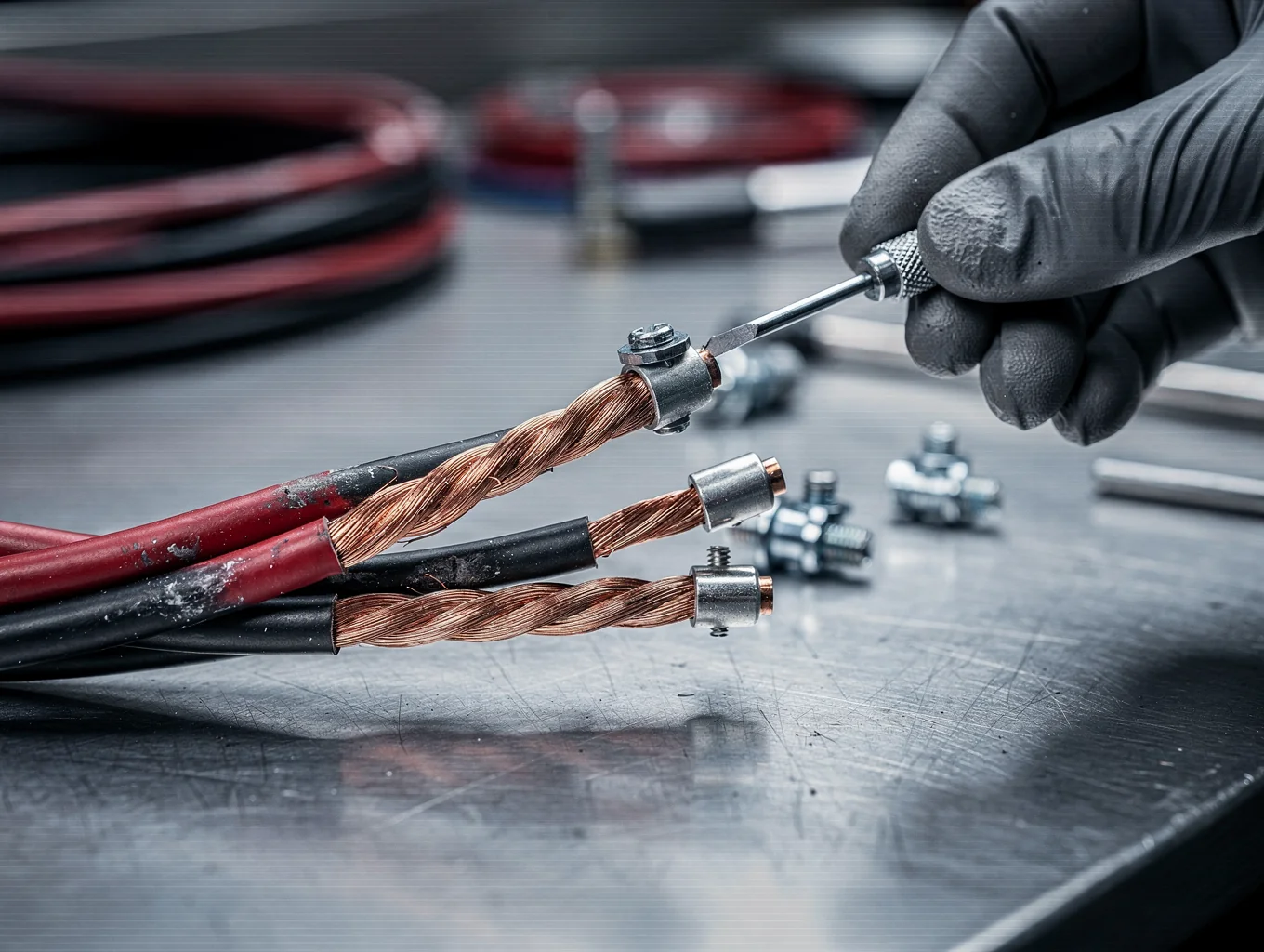 Close-up of automotive engine bay wiring harness repair in progress