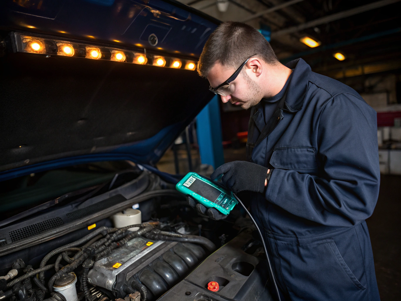 Auto electrician diagnosing vehicle electronics in mobile service van